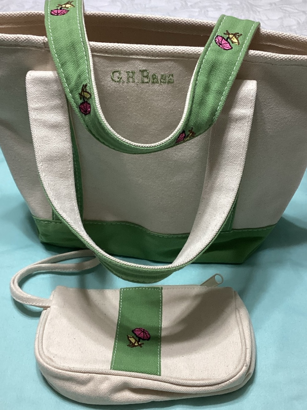 G. H. Bass Small Zip Top Canvas Tote & Pouch Embroidered Handles